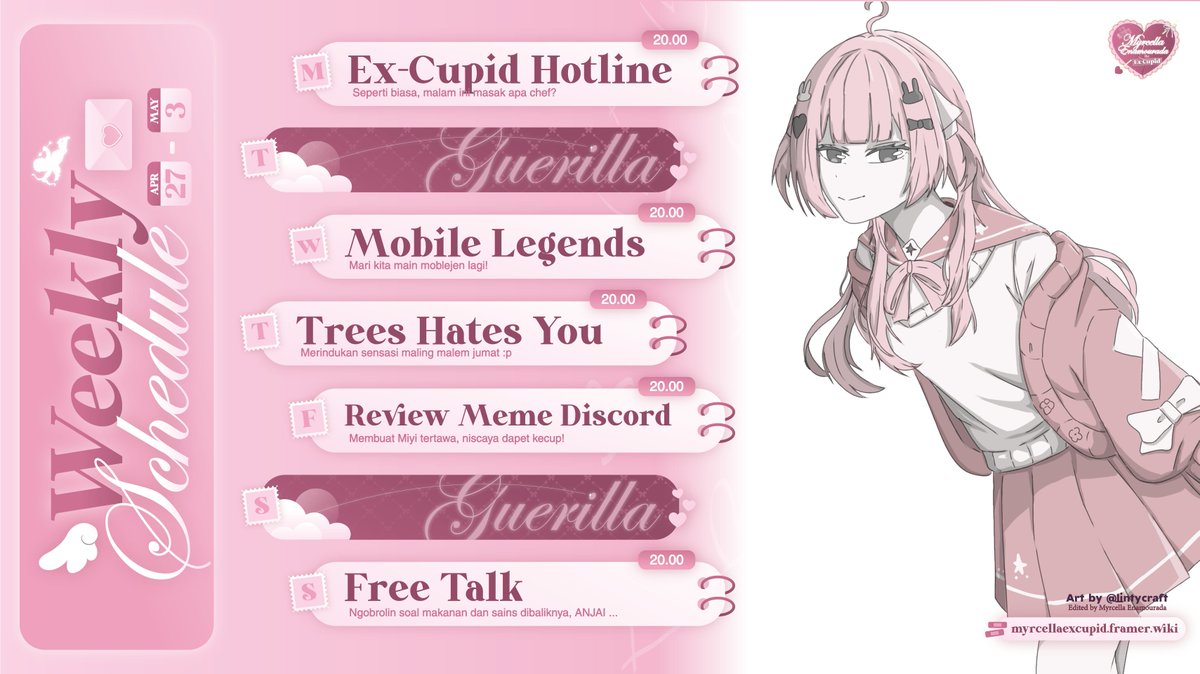 myrcellaXcupid's tweet photo. Here is my hashtags!   

General #MyrcellaExCupid
Live #CallMyrCella
Fanart #MyrcellArt
Clips #CupidClips
Meme #MemeCella   

Oshi Mark 🏹💘  
Famname #Milafs   

Ceritain curhatan kalian ke: 
https://t.co/JTsfuvgvyq   

Weekly Schedule! https://t.co/9ETceVmU2y