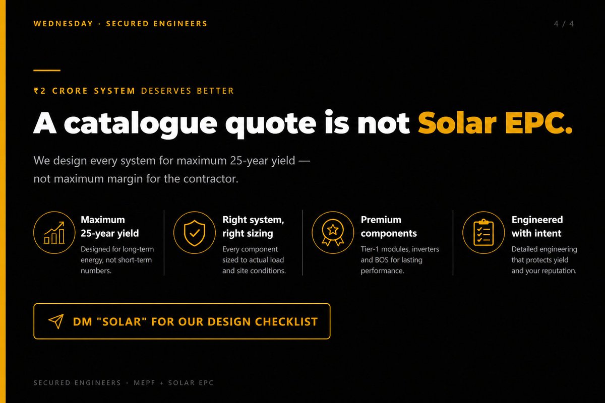 SecuredEnginee2's tweet photo. A bad Solar EPC = 30% loss in 10 years.

Most systems underperform from Day 1.
Not because of panels… but because of bad design decisions.
Solar is not a product.
It’s engineering.

📩 DM “SOLAR” for checklist. https://t.co/RK2qyJuZX1