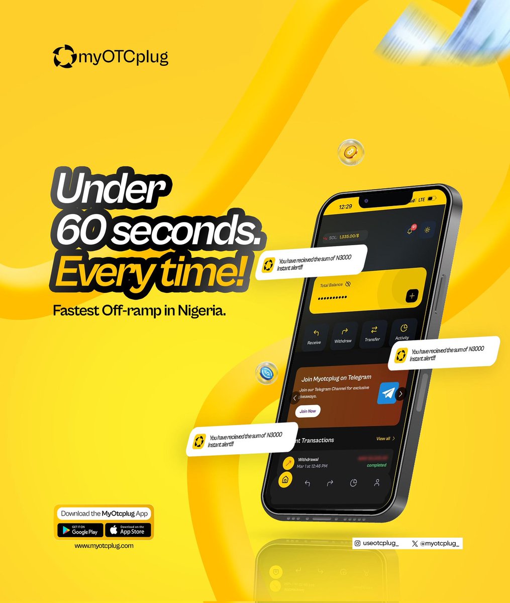 myotcplug_'s tweet photo. Fastest off-ramp in Nigeria. 🇳🇬⚡

This is not a claim, it's a fact.
Under 60 seconds every time.

Join thousands of traders who already quit P2P. Link in bio. 🔌💛

#CryptoNigeria #USDT #Bitcoin #Web3Africa #P2PTrading https://t.co/C7Ivi5dvOb