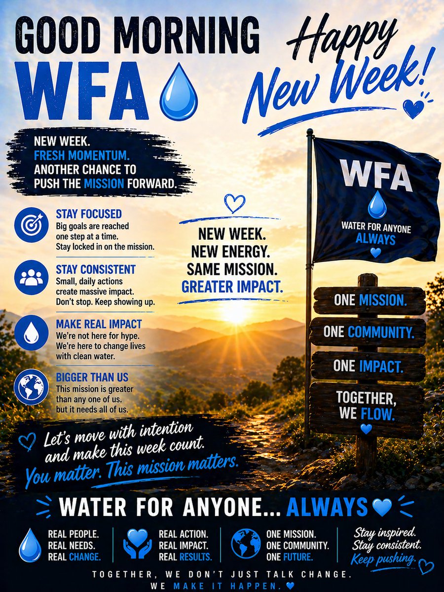 good morning wfa 💧
happy new week to the ones building with purpose

new week, fresh momentum another chance to push the mission forward
not just words, but real action and real impact where it matters.

this is bigger than all of us, and every effort counts.💙