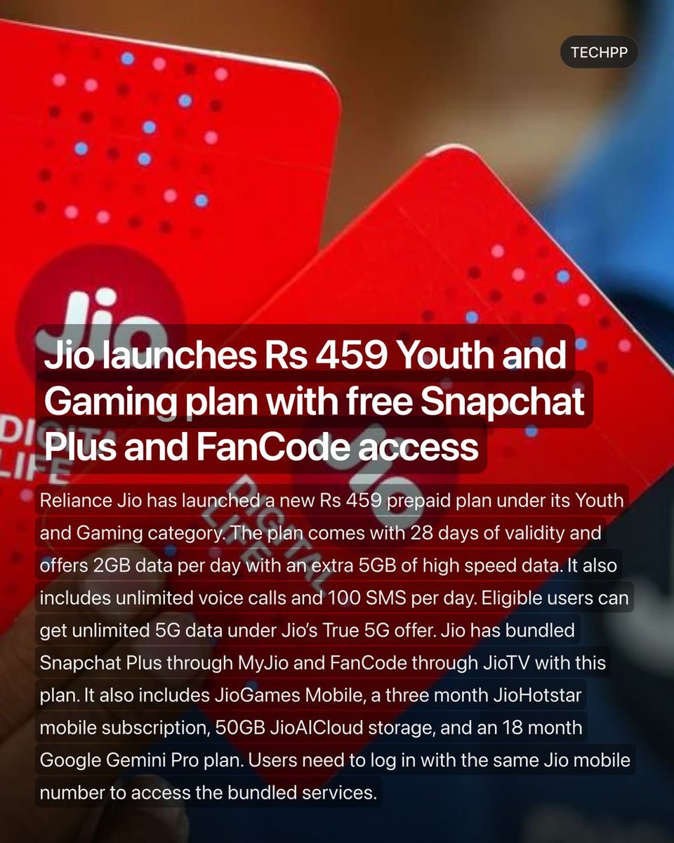 techpp's tweet image. Jio launches Rs 459 Youth and Gaming plan with free Snapchat Plus and FanCode access

#Google #5G #Launch #Jio #Youth #Snapchat #SnapchatPlus #PrepaidPlan #Telecom #TechNews