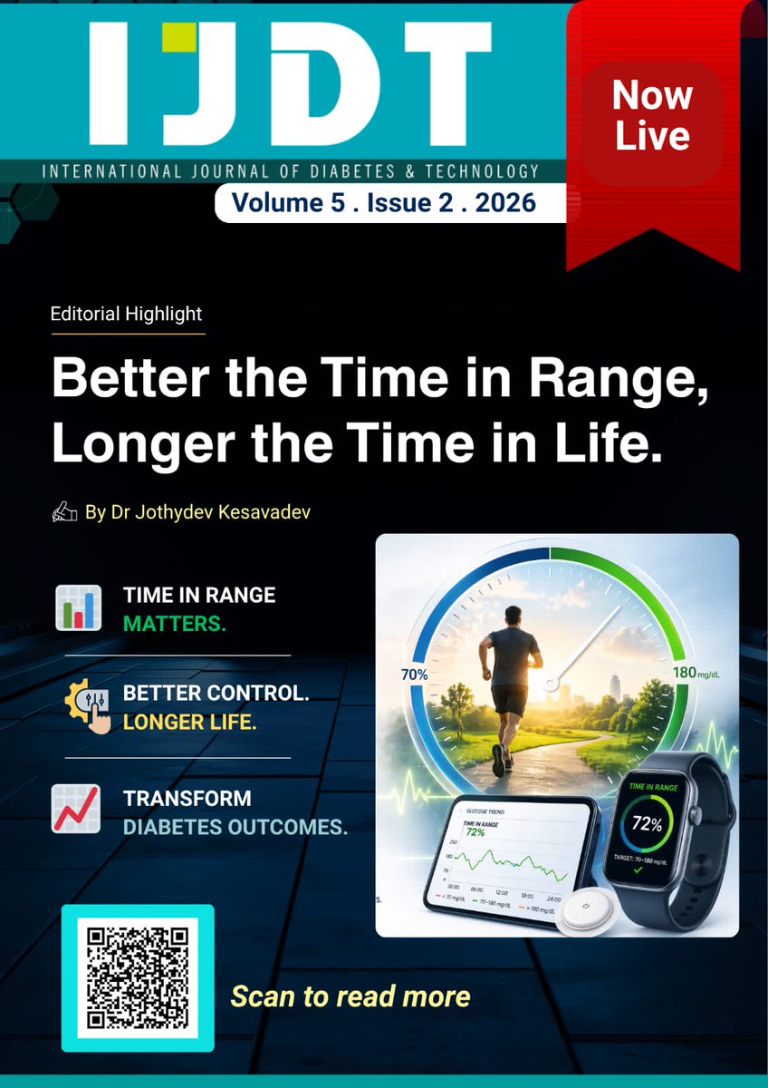 IJDT_Updates's tweet photo. 📢 Editorial Highlight | IJDT Volume 5, Issue 2

“Better the Time in Range, Longer the Time in Life.”

Explore how this evolving metric is transforming clinical practice.

🔗 https://t.co/CWSXyN4CJT

#TimeInRange #DiabetesCare #IJDT #Endocrinology #HealthcareInnovation https://t.co/i6xQFyMIAV