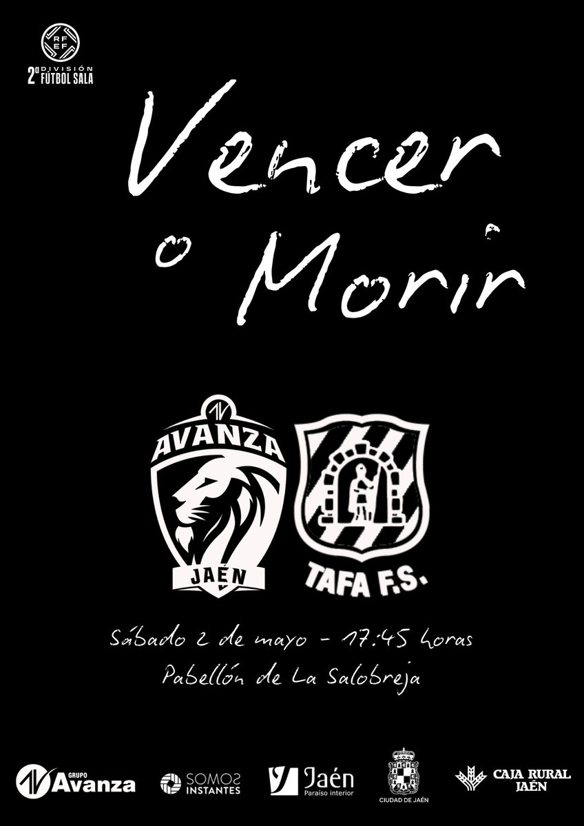 AvanzaJaen's tweet image. 🦁 Más que un partido.....

⚔️ Avanza Jaén Paraíso Interior🆚 Tafa FS

🏆 J28 - Segunda División
📆 Sábado 2 de mayo
⌚ 17:45h
🏟 La Salobreja
🎟️ Socios gratis
🎟️ Socios Real Jaén y Jaén CB gratis

Entrada única en taquilla: 10€

#CorazónyGarra #SegundaDivisiónFS #FutsalRFEF 💙