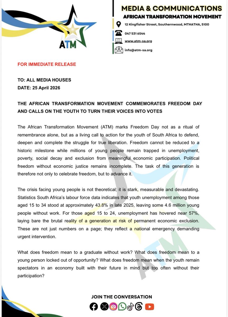 ATMovement_SA's tweet image. [MUST READ]

We mark Freedom day not as a ritual of remembrance but a call to action for the Youth of South Africa to complete the struggle for true liberation. 

Not yet Uhuru!

#FreedomDay
#ATM