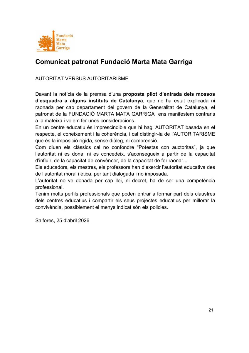 FundMata's tweet photo. Davant la notícia de la premsa del pla pilot d’entrada dels mossos d’esquadra a alguns instituts de Catalunya, que no ha estat explicada ni raonada per cap departament del govern de la Generalitat de Catalunya, el patronat de la FUNDACIÓ MARTA MATA GARRIGA ens manifestem 🧵👇 https://t.co/cS98eh1SZY