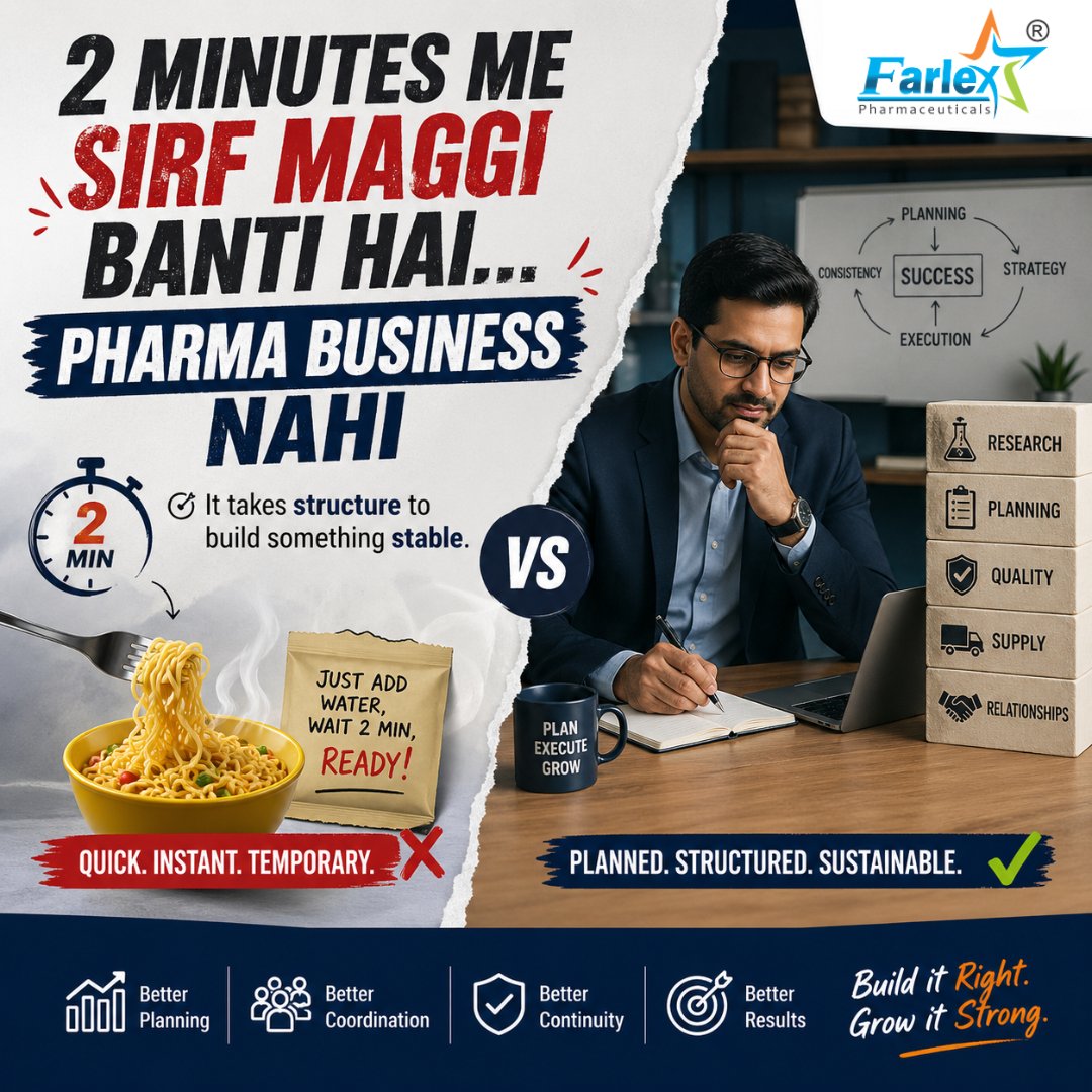 farlexpharma's tweet image. 2 minutes me sirf noodles bante hain… pharma business nahi.

Real growth needs:
Planning. System. Consistency.

Stop chasing fast results.
Start building stable ones.

Sun Pharma #Pharma #BusinessGrowth #Entrepreneurship #PharmaIndustry