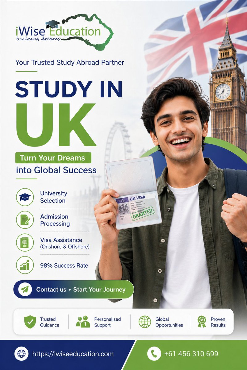 iWiseEducation's tweet image. Dreaming of studying in the UK? Make it a reality with iWise Education! With a 98% success rate, we guide you from uni selection straight to visa approval. 

PK: +92 335 4589361
AU: +61 431 156 829
iwiseeducation.com

#studyinuk #iwiseeducation #studyabroad #ukvisa