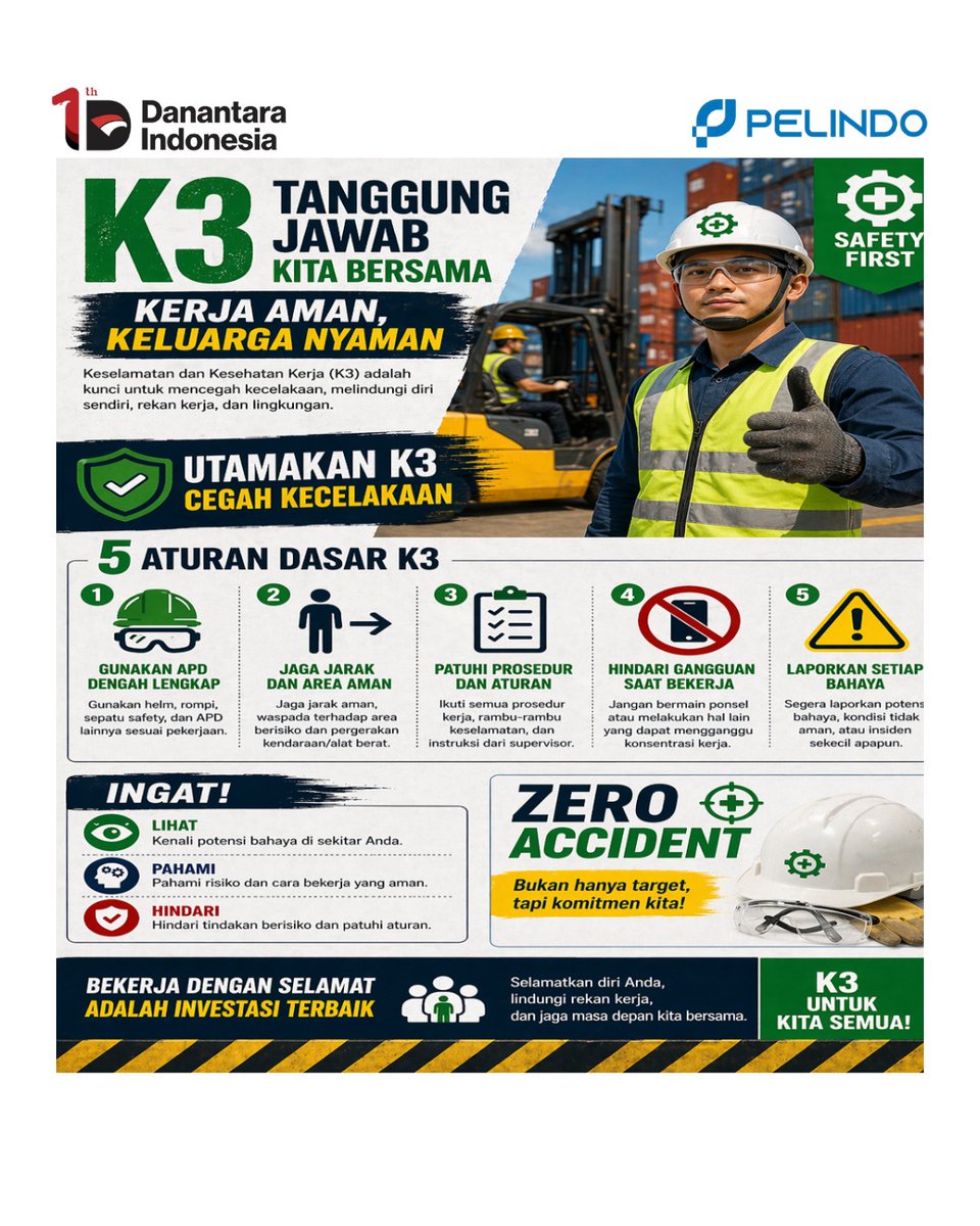 Pelindoreg1LSW's tweet image. K3 Tanggung Jawab Kita Bersama ⚠️
Keselamatan dan Kesehatan Kerja bukan hanya aturan, tetapi komitmen untuk melindungi diri, rekan kerja, dan lingkungan.
Karena kerja aman = keluarga nyaman.
Zero Accident bukan target, tapi budaya.
#K3 #SafetyFirst #KeselamatanKerja #ZeroAccident
