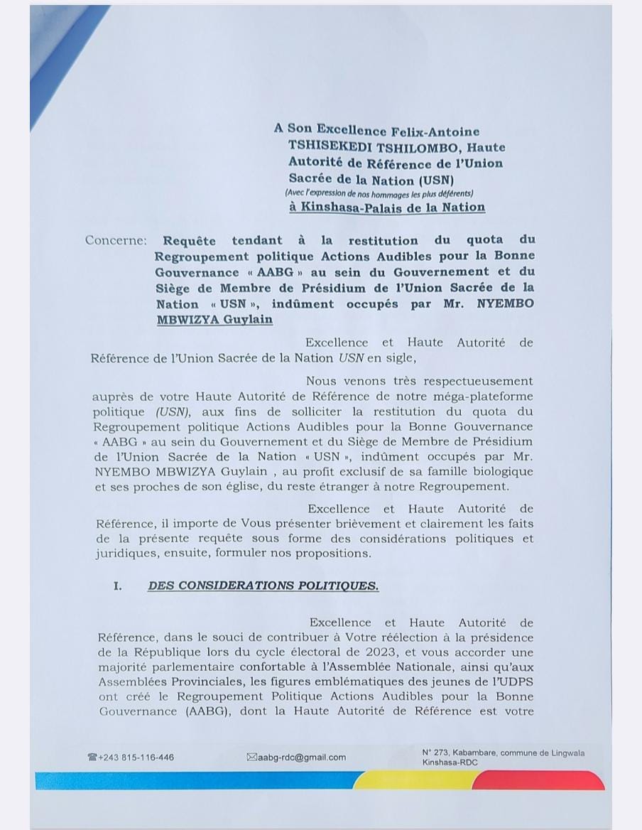 ebalemozindo's tweet image. #RDC: #POLITIQUE.  

Crise au sein du Regroupement politique AABG, mosaïque de l’UDPS.

Dans une correspondance adressée au Président de la République, en sa qualité de Haute Autorité de Référence de l’Union Sacrée de la Nation, le Président national du Regroupement politique