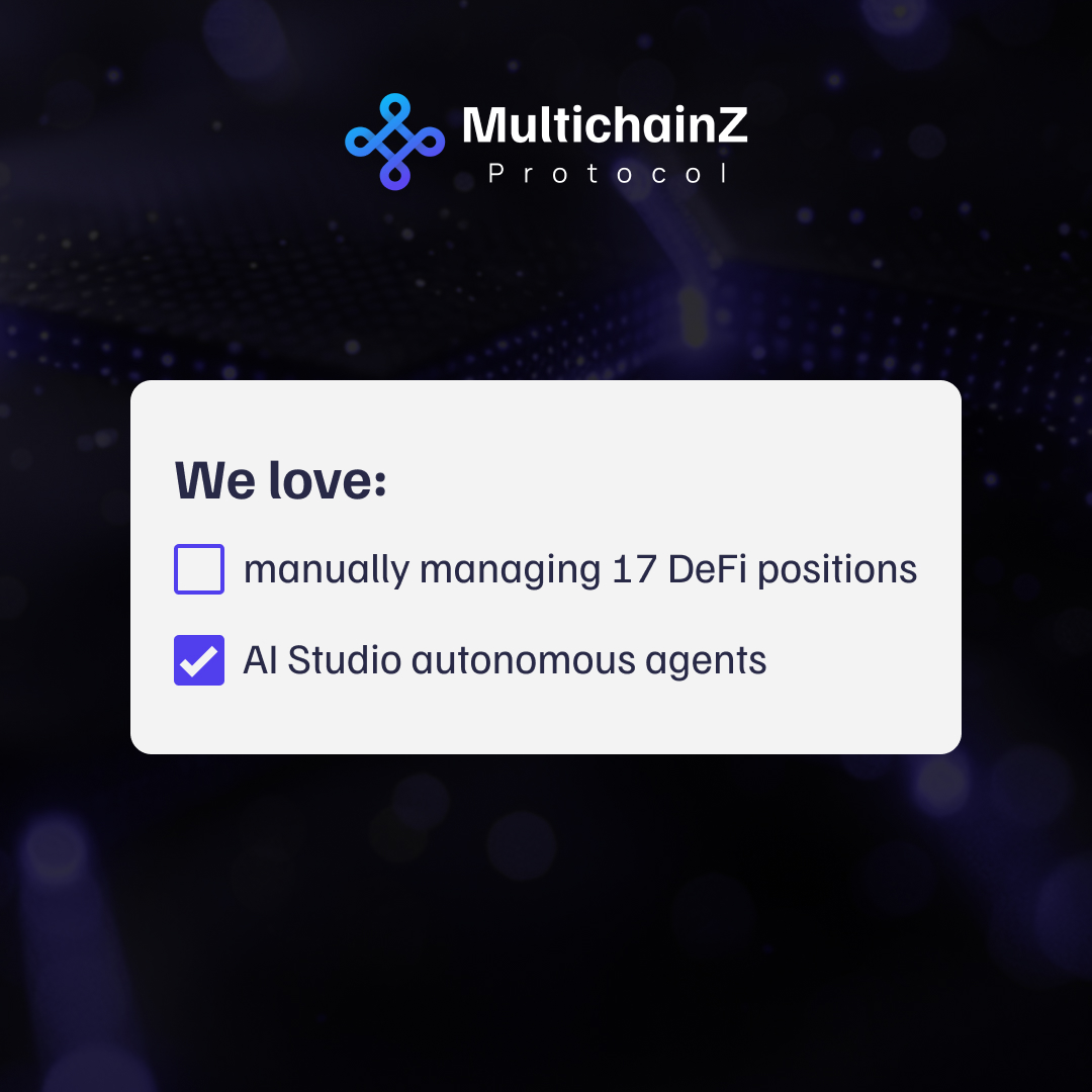 MultichainZ_'s tweet image. Let our AI Studio agents handle the grind while you focus on the gains

Coming soon!

#RWA #web3 #cryptomarkets