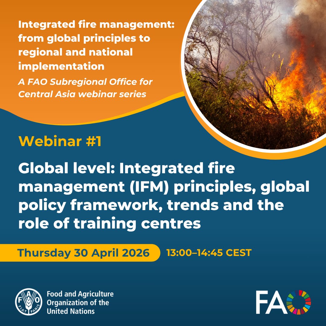 FAOForestry's tweet photo. 🔥 Join @FAO for a new webinar series!

Webinar #1 – Global level: integrated fire management (IFM) principles, global policy framework, trends and the role of training centres

🗓️ Tuesday 30 April
⏰ 13:00–14:45 CEST
Register now 👉 https://t.co/NJDBgkvcmW

@faoturkiye https://t.co/Fy5ECdmzHr