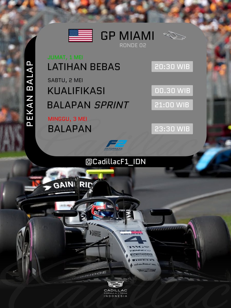 CadillacF1_IDN's tweet photo. Pekan balap akhirnya akan segera hadir kembali setelah absen selama sebulan lebih di seri F2. 🥹

Inilah jadwal pekan balap untuk GP Miami di awal bulan Mei ini. Miami akan menjadi balapan ronde ke-2 sekaligus menjadi tuan rumah pertama bagi Colton Herta pada musim debutnya. 🤩 https://t.co/XhDKTyYu7T