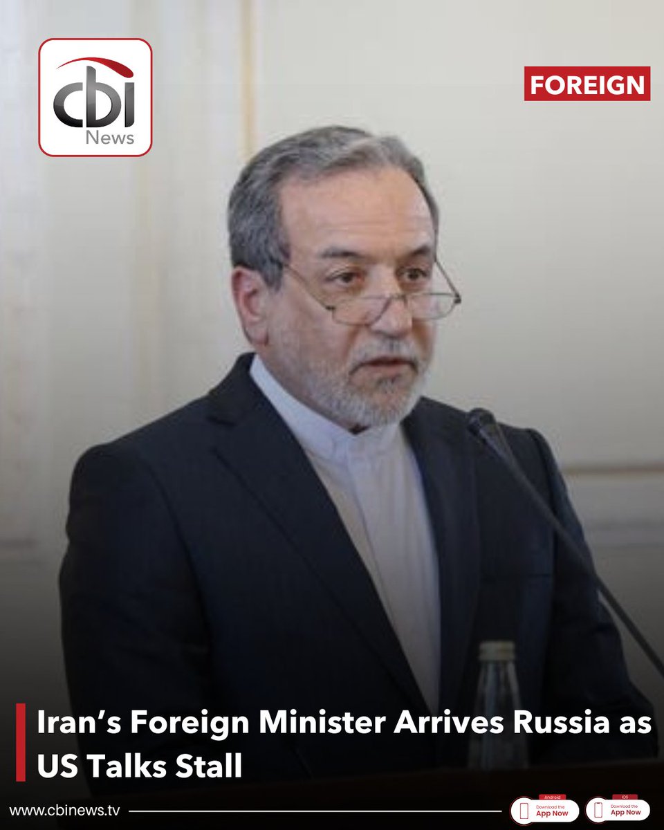 cbinewstv's tweet photo. Iran’s Foreign Minister Abbas Araghchi has arrived in Russia for talks with President Vladimir Putin, as efforts to sustain peace negotiations between Tehran and Washington remain uncertain. The visit follows a series of diplomatic moves across the region, including stops in Oman and Pakistan, amid the collapse of planned US-led talks in Islamabad.

The development comes as tensions continue over the Strait of Hormuz, with Iran maintaining its blockade despite global economic concerns. 

While informal messages have reportedly been exchanged through mediators, Iran and the United States remain far from formal negotiations, with rising energy prices and ongoing regional instability adding pressure to revive dialogue.

#CBINewsTV #Iran #Russia #USPolitics #MiddleEast #GlobalTensions