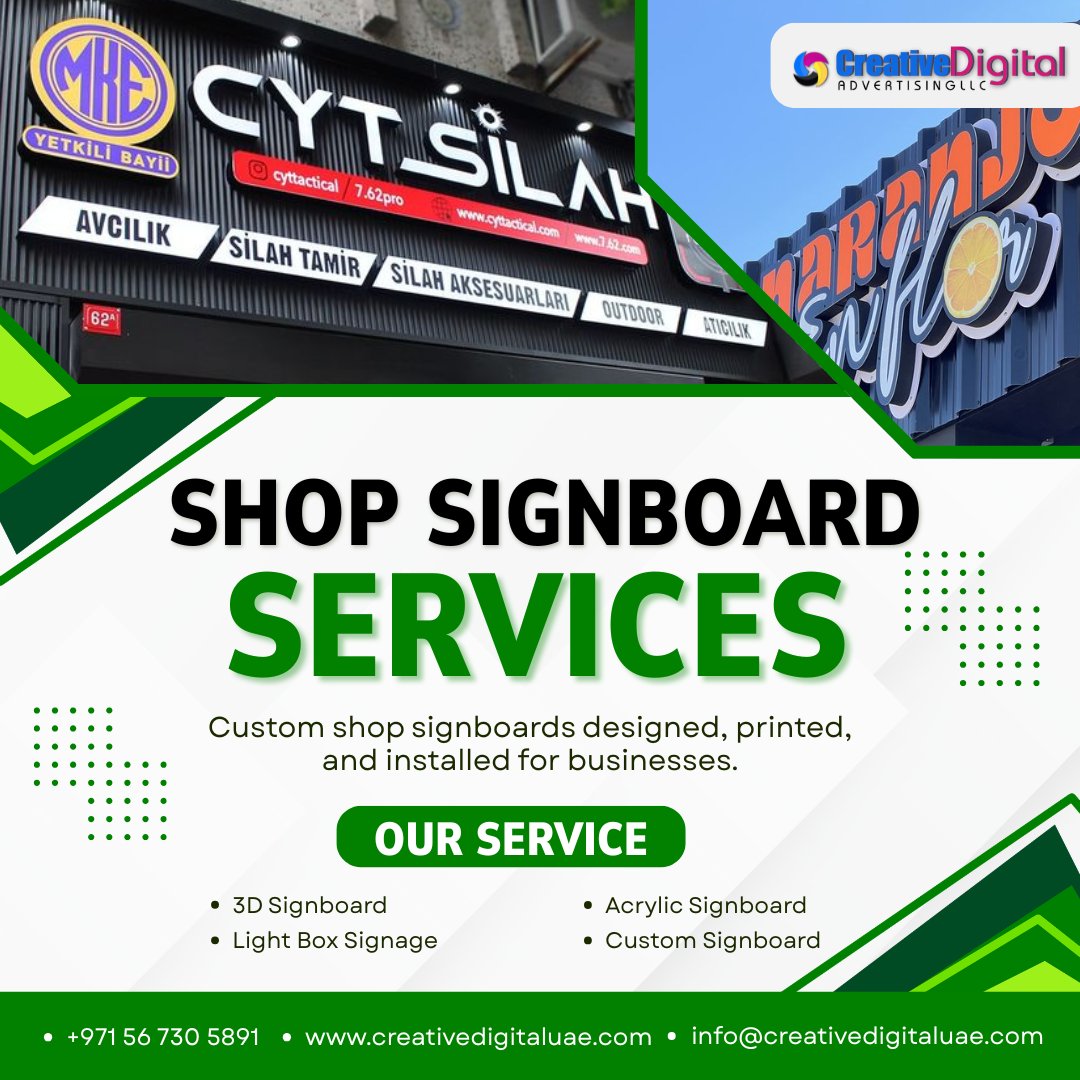 creativeadvtdxb's tweet image. a custom shop signboard that grabs attention and builds your brand identity. High-quality designs, durable materials, and eye-catching styles to make your business shine day and night.
Call or WhatsApp # +971 56 730 5891
#ShopSignboard #BusinessBranding #OutdoorAdvertising