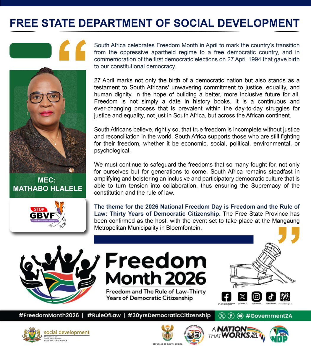 SocdevFs's tweet photo. HAPPY FREEDOM DAY, SOUTH AFRICA🇿🇦

27 April, we honour Freedom Day and the sacrifices made for our democracy. 

The theme for the 2026 National Freedom Day is Freedom and the Rule of Law: Thirty Years of Democratic Citizenship.

#fssocdev https://t.co/stpyCSFjvm