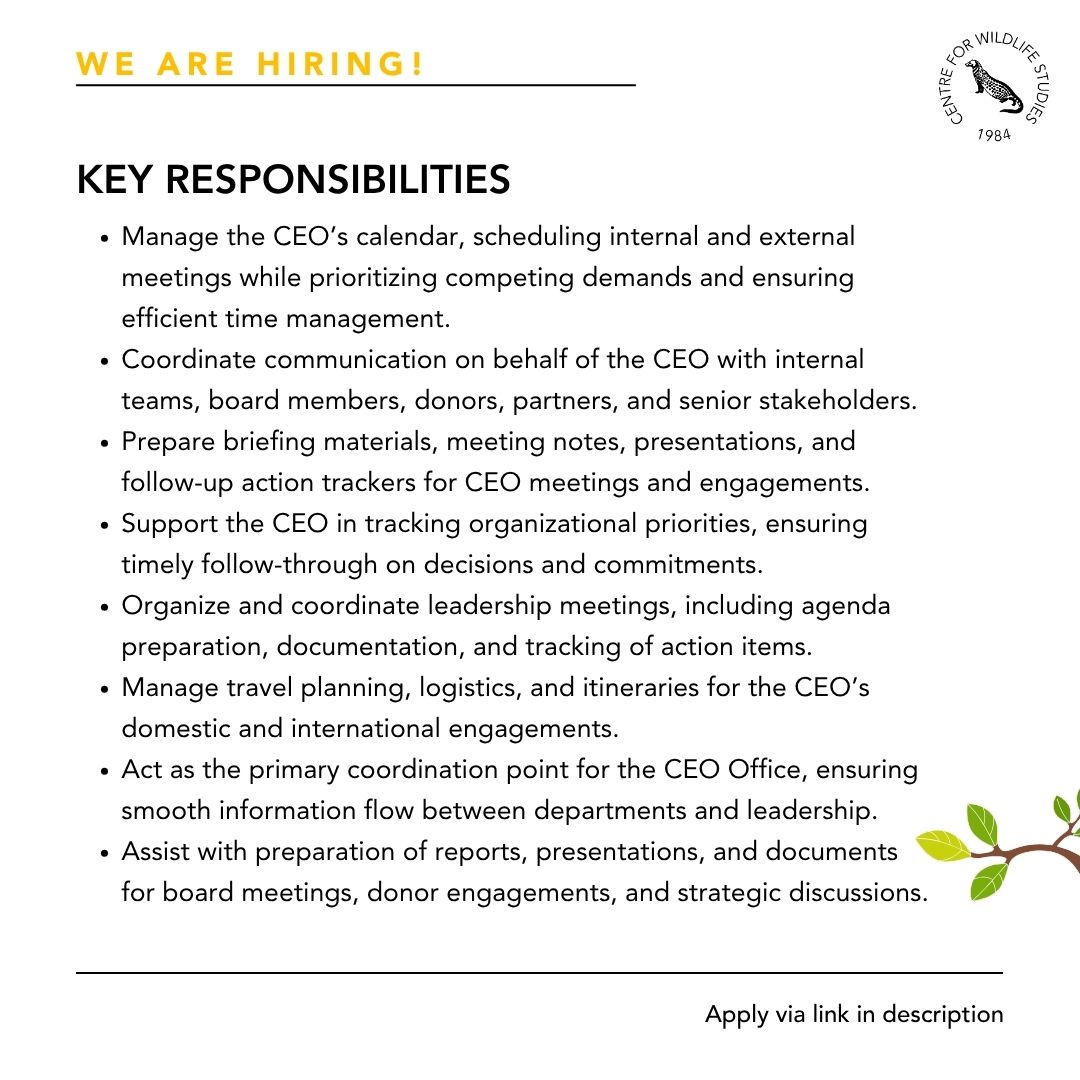 cwsindia's tweet image. The Centre for Wildlife Studies is hiring an Executive Assistant to the CEO. We are looking for a highly organized, and detail-oriented professional who can manage multiple responsibilities.  To apply, visit cwsindia.org/careers/

#hiring #workwithwildlife #opportunity