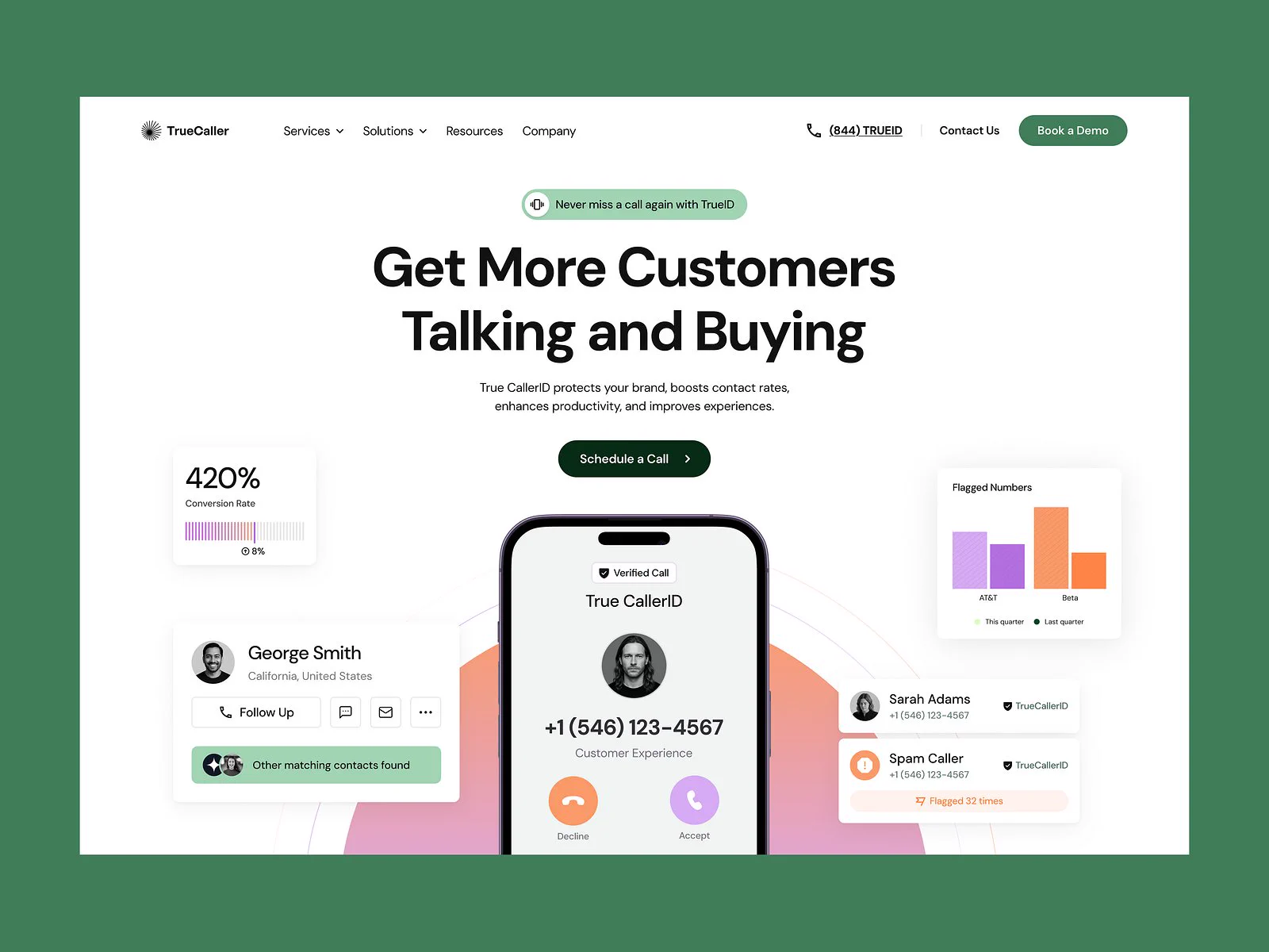 발신자 인증 SaaS 랜딩 — 폰 목업과 떠 있는 UI 카드 히어로