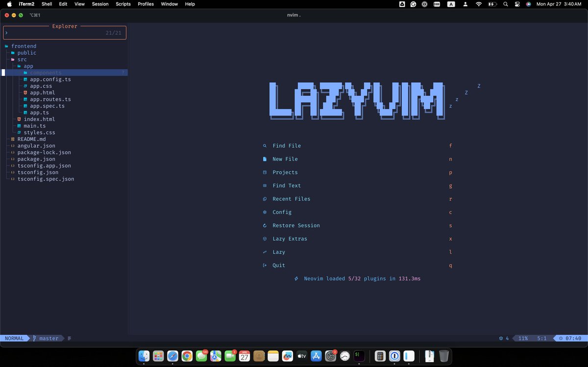 I have set up LazyVim configs in my Neovim editor. I've always liked how fast and quick it is than the popular text editors out there. I've always come back to Vim/Neovim from time to time.

How does your coding environment look like?