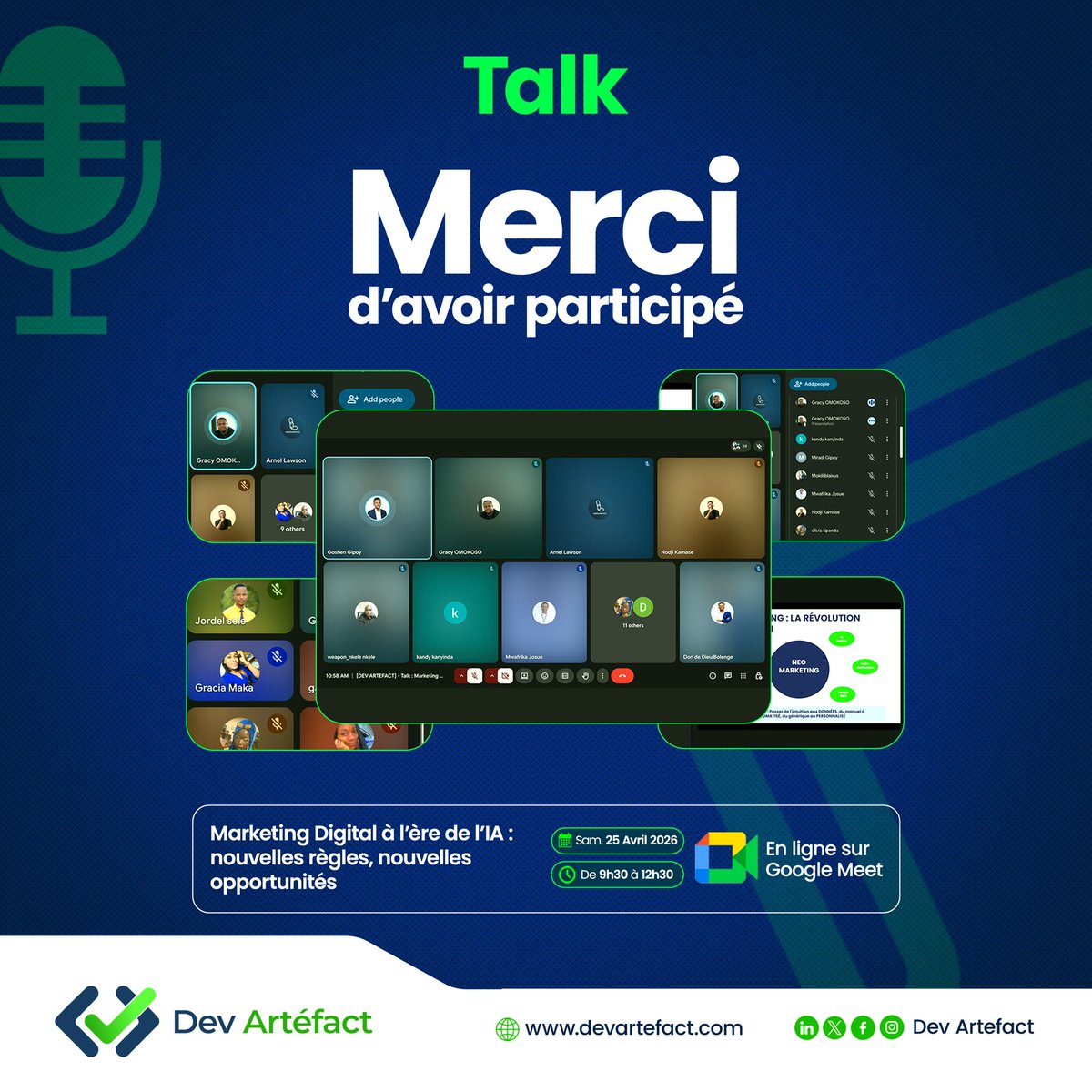 dev_artefact's tweet photo. Un grand merci à Gracy et Goshen pour leurs interventions enrichissantes et instructives lors du Talk du 25 avril sur Google Meet : « Marketing digital à l’ère de l’IA : nouvelles règles, nouvelles opportunités ». Et merci aussi à tous!

Suivez-nous pour nos prochains événements. https://t.co/8iqqoxUGuQ