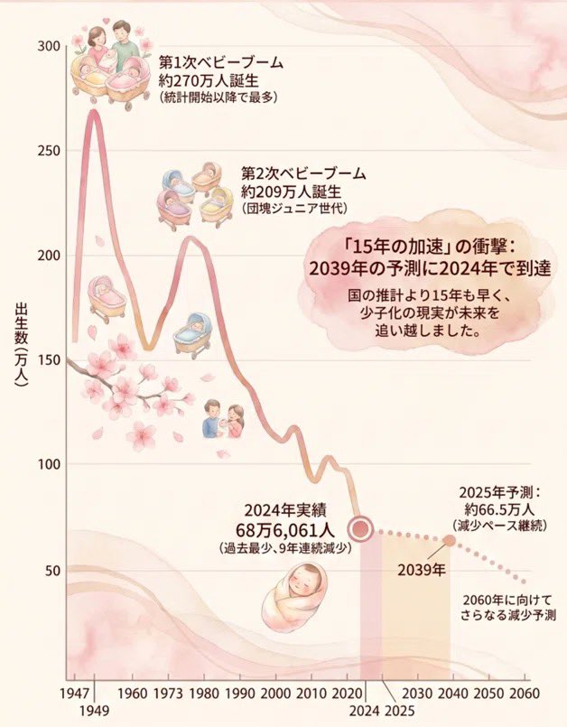 HospitalAdachi's tweet photo. 「2039年の予測」に、2024年でもう到達。

出生数68万人割れは、少子化が想定より早く進んでいるサインです。

数字の向こうにある命と暮らしを、地域でどう支えるか。noteで考えました。

https://t.co/ktl3mNIYnN https://t.co/wACX29PU6c