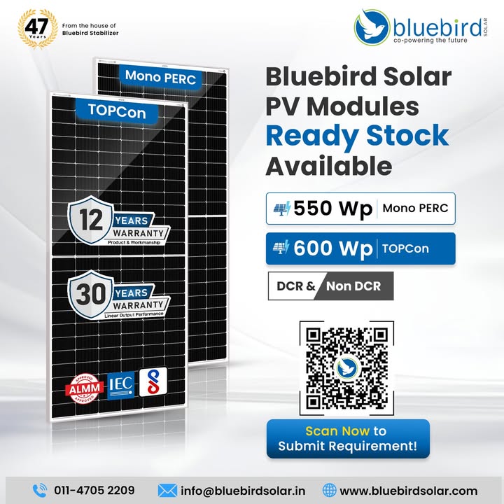 BluebirdSolarIN's tweet image. When timelines are tight, reliable supply matters.⚡
Bluebird #SolarModules available for quick dispatch across India—helping keep projects on track without delays.

For more details
Enquire Now bluebirdsolar.com/pages/contact-…

#SolarEnergy #SolarPanels #RenewableEnergy #TOPCon #MonoPERC