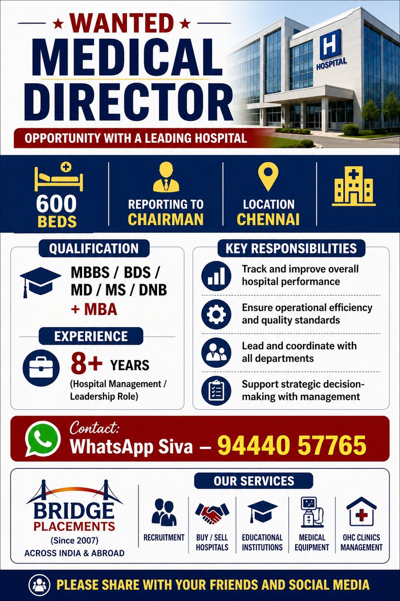 Bridgeplacement's tweet image. 🏥 WANTED – MEDICAL DIRECTOR 🏥

#medicaldirector #admin #bridgeplacementsjobs #hospitaljobs #medicaljobs #doctorjobs #hiring #healthcarejobs