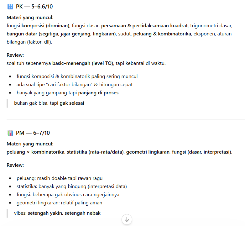 fun_math21's tweet photo. RANGKUMAN REVIEW DAN TESTIMONI UTBK 2026 DAY 6 - 7

Gua udah riset dan baca banyak review pejuang UTBK di X. Setelah gua analisa + dibantu dirapiin tulisannya sama AI, beginilah hasilnya... https://t.co/fSTeP6p4Wk