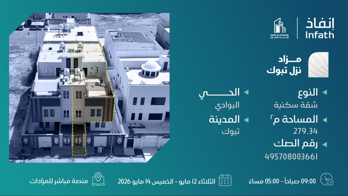 mrasym401's tweet photo. شقة سكنية حي البوادي بمدينة تبوك 
ومن ضمن 7 فرصة عقارية في مزاد #نزل_تبوك 

🗓 يبدأ المزاد يوم الثلاثاء 2026/05/12م
⏰ الساعة 09:00 صباحاً
🌐عبر منصة مباشر للمزادات 
https://t.co/IUwFr3CG87

لمشاهدة الكتيب عبر الرابط :
https://t.co/3csHPo91NN

للاستفسار📲
0555133401
0509286000 https://t.co/ZVQarnSeLr