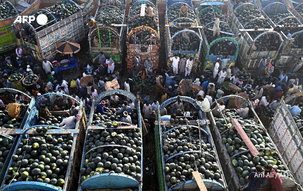 AFP's tweet image. Farmers and vendors wait for customers amid truckloads of watermelons at a wholesale market in Lahore, Pakistan

📸  Arif Ali