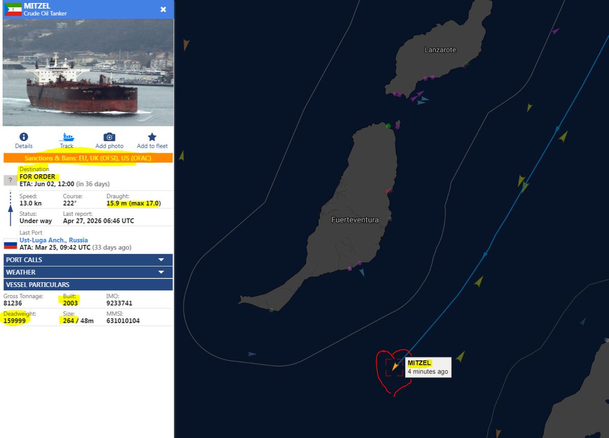 Springbok1973's tweet photo. Continua el goteo de lo peor de la flota fantasma en aguas cercanas a Canarias.

Tránsito al este de Fuerteventura - Lanzarote del darkfleet duro M/T MITZEL 🇬🇶, IMO 9233741.

Su registro puede ser falso, y alternar bandera, igualmente falsa, de Comoros. En la lista de las sanciones de la UE-UK(OFSI)-USA(OFAC)

Parece no haber fotos con su actual nombre.

Un rusty bucket de 23 años, 1,200.000 barriles de chapapote ruso. 

Este tanker es lo que en OSINT se conoce como un killer, una bomba de relojería medioambiental.

¿Algún detalle?

Estamos ante otro darkfleet de pedigree. Navegando sin bandera desde agosto 2025, antes de ser registrado en Guinea Ecuatorial...refugio pay & wave, de lo peor de la flota fantasma.

¿Su real owner?

Sociedades pantalla que no las voy a citar, pero no esperen colaboración y mucho menos indemnización en caso de una marea negra...

De nuevo otro tránsito de lo peor de la flota fantasma. 

Ya vaticinamos a principio de año que lo peor de la darkfleet lo íbamos a a ver de nuevo muy cerca de las playas canarias...
⬇️
https://t.co/YJA1dh6nnh

¿Por qué no hay una presencia activa en la mar de law - enforcement para escoltar estos tránsitos y enviar al exterior un mensaje de control de ZEE - aguas de interés?

https://t.co/SqP4C0XLkF

El día que haya un accidente medioambiental con un buque de la flota fantasma de estas proporciones, será la ruina económica de la zona turística a la que le toque el gordo...

España, Canarias, todos los días, un intento a la ruleta rusa de la flota fantasma...

#TANKERWARS #DarkFleet #FlotaFantasma #ZEE #Prestige #chapapote #Fuerteventura #Lanzarote Casos #agate #deyna #chariottide #guanyin etc...