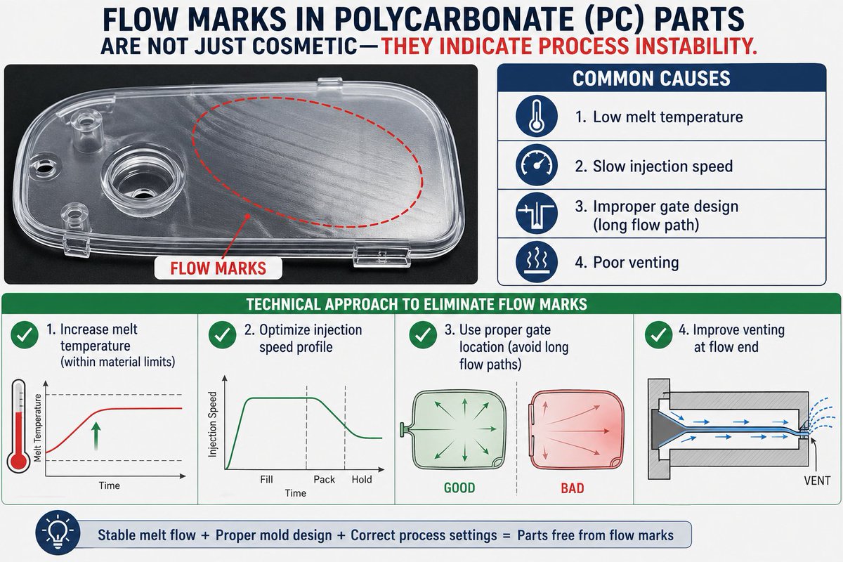 keyrixmolds's tweet photo. “Why do flow marks really happen?”

Most teams treat them as a finishing issue.
In reality, they are a process engineering problem.

Melt temperature
Injection speed profile
Gate design
Venting efficiency

When these align, flow marks disappear—not by chance, but by design. https://t.co/rSxO8Z93Og