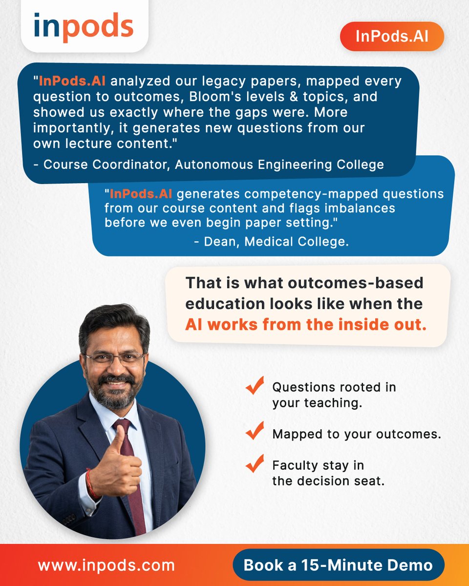 InpodsAI's tweet image. That is what outcomes-based education looks like when the AI works from the inside out.

Book a 15 minute demo: inpods.com/demo/

#CBME #MedicalEducation #OutcomesBasedEducation #InPodsAI #HigherEd #FacultyTools #AcademicExcellence #EdTech