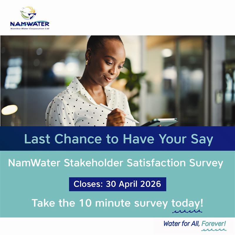 NamWater_na's tweet image. Last chance to participate.

The NamWater Stakeholder Satisfaction Survey closes on 30 April 2026. Share your feedback now: forms.office.com/r/khW0kqKUdK  
 
#NamWater #YourVoiceMatters #Research