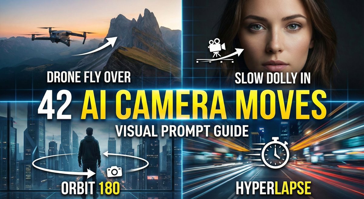 aishotstudio's tweet image. This guide provides the essential vocabulary for cinematic control. Visualized 42 specific camera movement prompts - from slow dollies to FPV drone dives so you can build a professional prompt library and master your AI video output 🏷️ #aivideo #cinematography #aicontentcreation