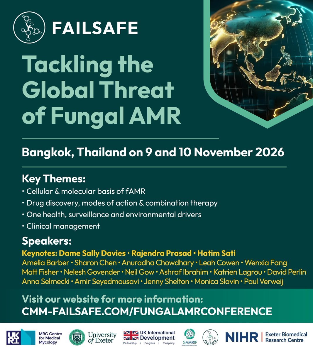 MRCcmm's tweet photo. ⏰ Early bird registration closes end of April

Secure discounted tickets for FAILSAFE’s global conference on Fungal AMR
📍 Bangkok | 🗓️ 9–10 Nov 2026

🌍 Global experts
🎤 Keynotes incl. Dame Sally Davies

🎟️ Register now 👉 https://t.co/XukR6GphUp

#FungalAMR #FAILSAFE #AMR https://t.co/t5lsxuiZ9N