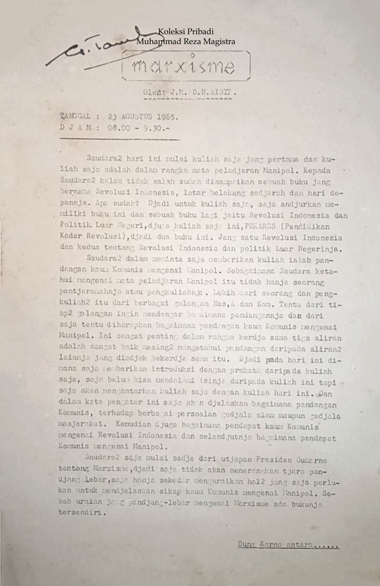 dallaballer's tweet image. Marxisme oleh D. N. Aidit, bahan kuliah yang disampaikan bersamaan dengan kuliah Nyoto yang sebelumnya saya unggah minggu lalu, dalam diktat ini, Aidit menerangkan sebuah pengantar ttg bagaimana pandangan seorang Komunis atas masalah masyarakat, revolusi Indonesia, dan Manipol.