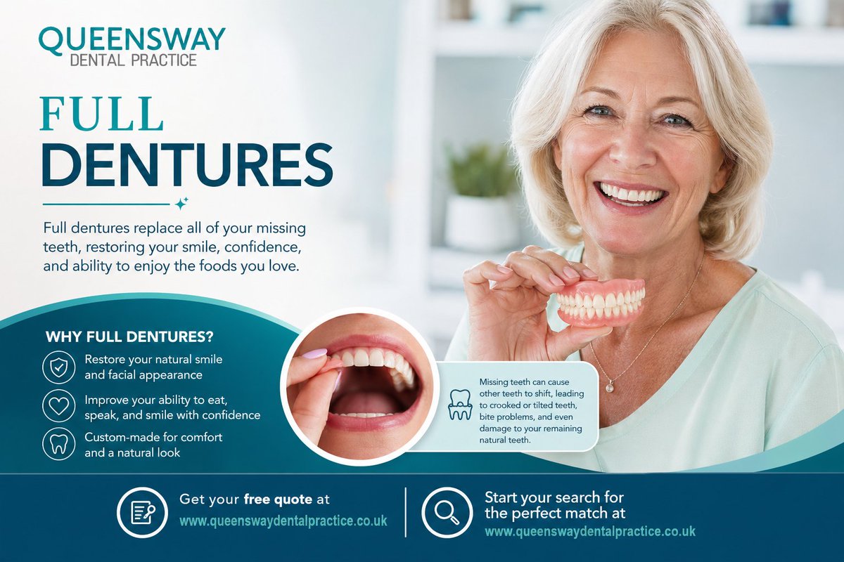 QueenswayDent's tweet image. Smile again with custom Full Dentures at Queensway Dental Practice 🦷 Book today! queenswaydentalpractice.co.uk #Dentures #Smile