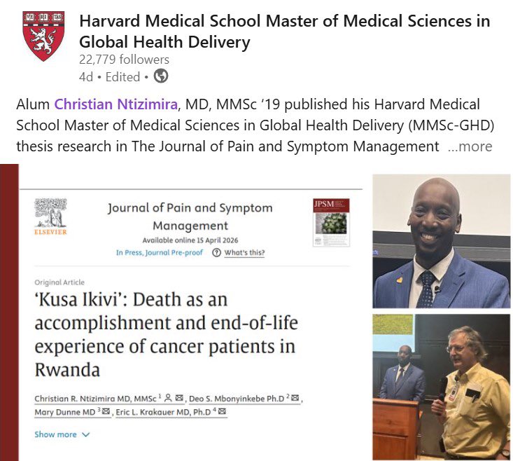 acreolglobal's tweet photo. #PalliativeCare Research from Rwanda to the Global Stage🌍

We are proud to celebrate our Executive Director, Dr. Christian Ntizimira (@ntizimira ), whose Harvard Medical School MMSc-GHD thesis research has been published.

The paper, “Kusa Ikivi”: Death as an Accomplishment and End-of-Life Experience of Cancer Patients in Rwanda, brings forward African perspectives on dignity, culture, and end-of-life care, contributing to global conversations on palliative care.

We are grateful to see this work recognized and shared by Harvard Medical School Master of Medical Sciences in Global Health Delivery and OncoDaily, reflecting the importance of research rooted in lived experience, culture, and compassionate care.

🥳Congratulations to Dr. Christian and all co-authors Prof. Deo Mbonyinkebe, Dr. Mary Dunne and Dr. Eric Krakauer (thesis director), on this important milestone. 

Read more on Christian's post: https://t.co/2AXAJklGhj

#ACREOLGlobal #PalliativeCare #EndOfLifeCare #Rwanda #GlobalHealth #CancerCare #UbuntuInAction