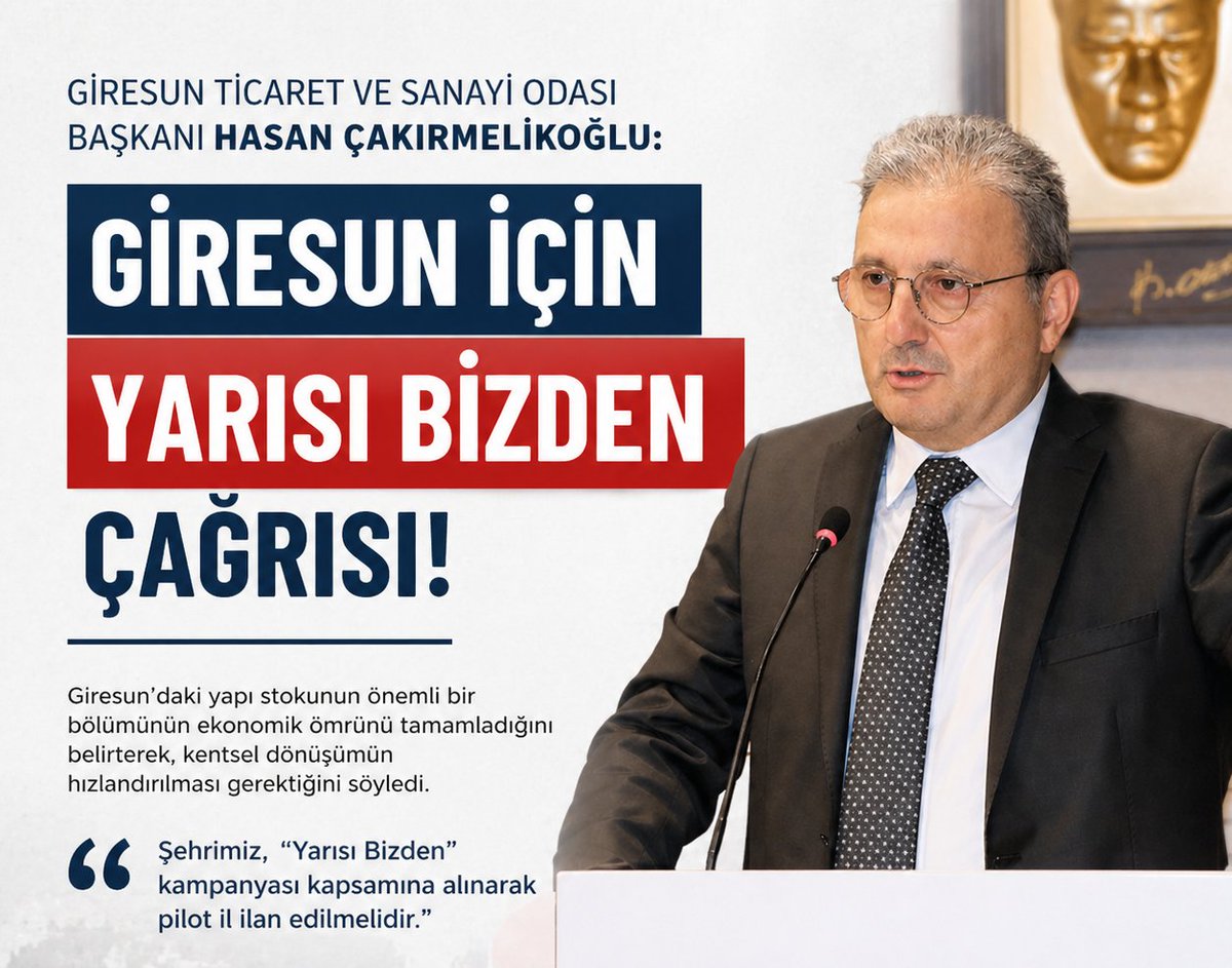 Çakırmelikoğlu, Giresun’daki yapı stokunun önemli bir bölümünün ekonomik ömrünü tamamladığını belirterek, kentsel dönüşümün hızlandırılması gerektiğini söyledi.  giresuntso.org.tr/giresun-icin-y…