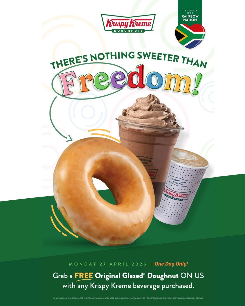 OceansMallSA's tweet image. Freedom Day JOY 🇿🇦☕🍩
Buy any Krispy Kreme beverage &amp;amp; get a FREE Original Glazed® doughnut 🍩
27 April 2026 – one day only 📍 In-store only (not online, delivery, or at Doughnuts On The Go locations). 
Ts &amp;amp; Cs apply
#FreedomDay #KrispyKreme #OceansMall