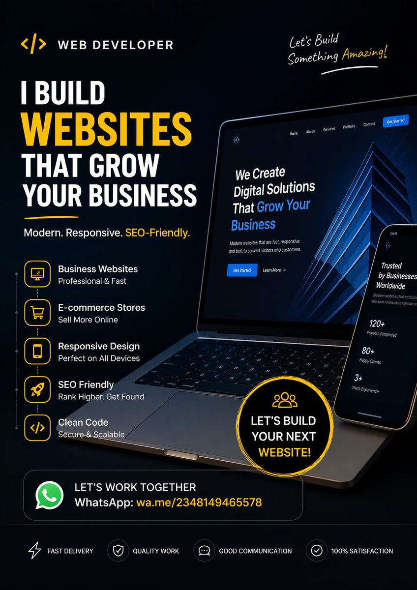 SadinSmd619's tweet image. Web Developer | 3+ yrs building modern, responsive &amp;amp; SEO-friendly websites | E-commerce &amp;amp; business growth | 💬 WhatsApp: wa.me/2348149465578 📷 📷#WebDeveloper #WebDesign #SEO #Ecommerce #DigitalMarketing #freelancing #Freelancer #Tech #BusinessGrowth #technology #ai