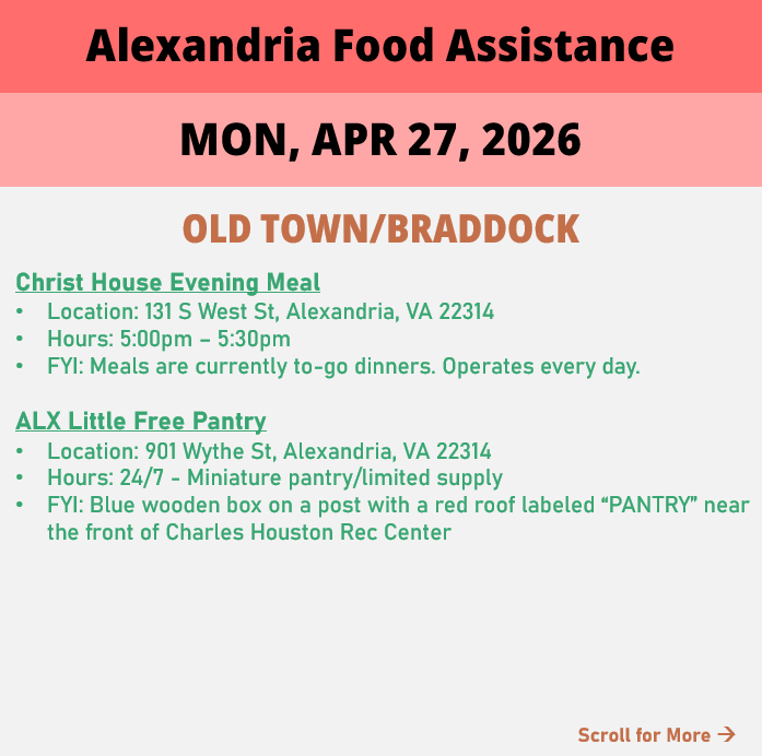 hungerfreealx's tweet image. (Post 1 of 2) On Monday, April 27, here are open locations in Alexandria, VA for food assistance, organized by neighborhood. Everybody deserves to eat. #help #finding #food #alexandriava