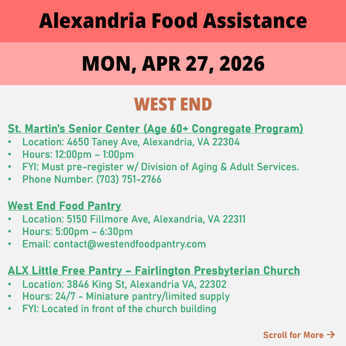 hungerfreealx's tweet image. (Post 2 of 2) On Monday, April 27, here are open locations in Alexandria, VA for food assistance, organized by neighborhood. Everybody deserves to eat. #help #finding #food #alexandriava