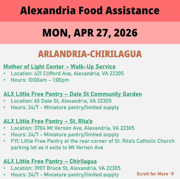 hungerfreealx's tweet image. (Post 2 of 2) On Monday, April 27, here are open locations in Alexandria, VA for food assistance, organized by neighborhood. Everybody deserves to eat. #help #finding #food #alexandriava