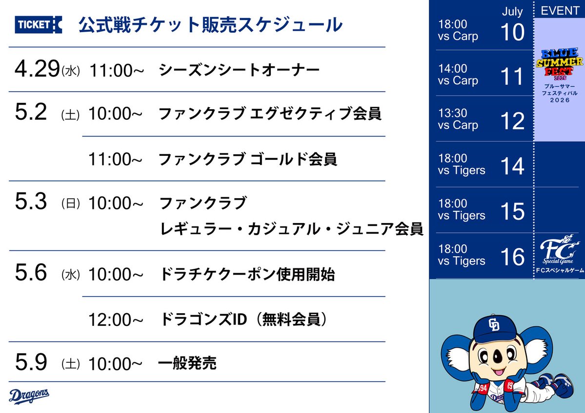 ドラゴンズ観戦チケット X懸賞(Twitter懸賞)】中日ドラゴンズ公式戦野球ペア無料ご観戦チケット