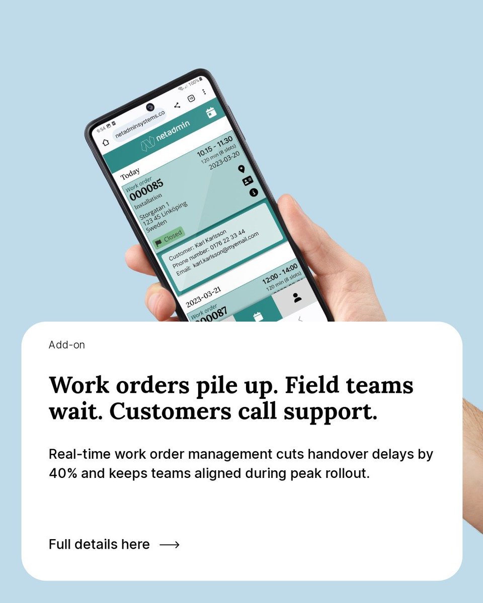 NetadminSystems's tweet photo. Manual work orders slow fiber rollout.
Automated work order management syncs planning, dispatch, and field execution in real time.

Technicians get accurate info. Managers track progress. Customers get faster installs. https://t.co/AFVV64evsZ https://t.co/rPBLplVl92