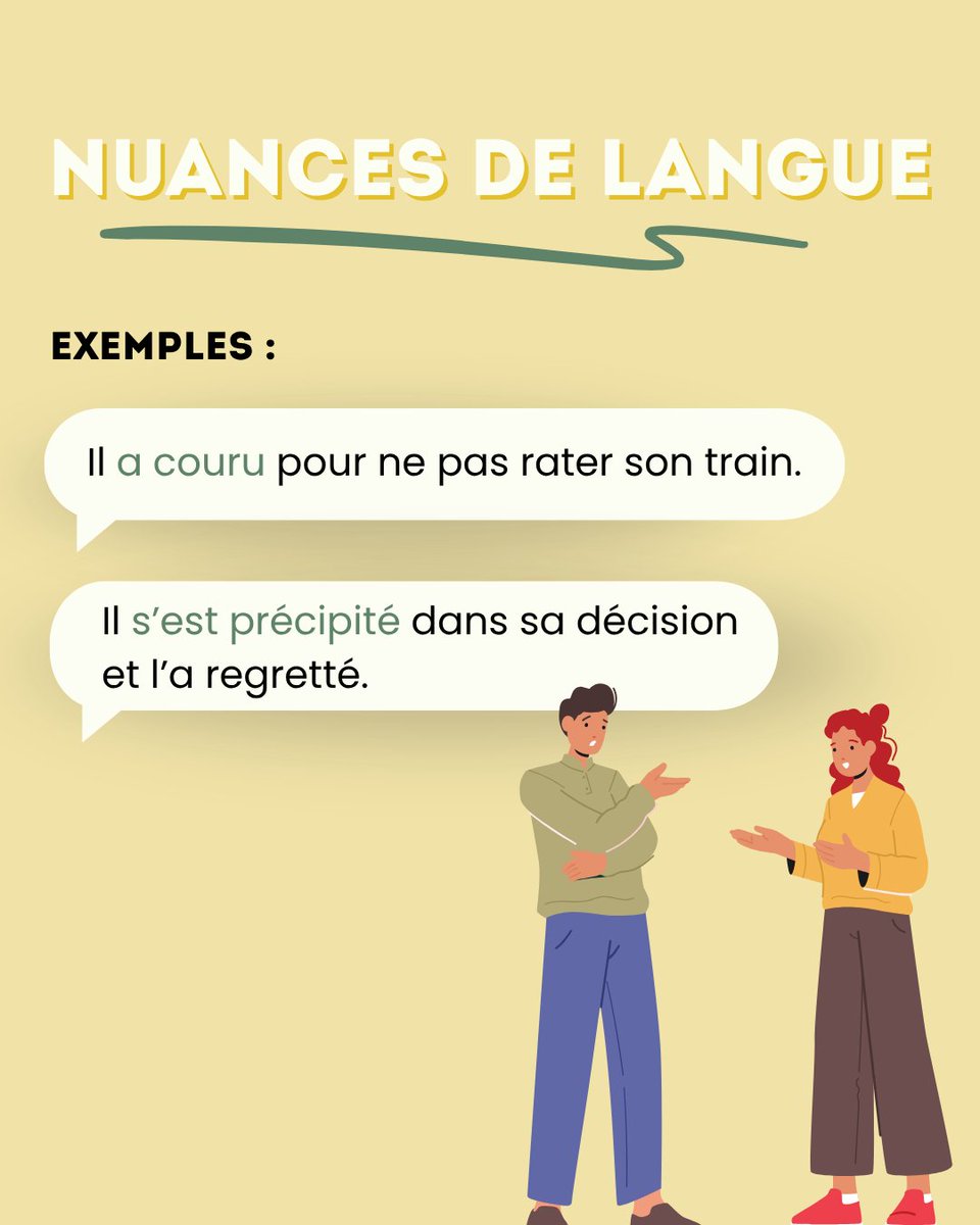 HachetteFLE's tweet photo. 🧠 NUANCES DE LANGUE 🧠

🏃 Courir ou Se précipiter ?

➡️ Courir = se déplacer rapidement, physiquement, pour aller plus vite d’un point à un autre.
➡️ Se précipiter = agir trop vite, sans réfléchir.

💬 Et toi, tu es plutôt du genre à courir… ou à te précipiter ? 😄 https://t.co/XoD72WKOFT