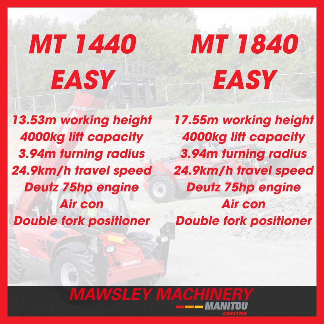 Houses to build? Build with Manitou!🧱

Limited offer available on MT 1440 &amp; 1840 Easy models!

Both models come with A/C and double fork positioners fitted as standard.

Delivering the versatility, operator safety and economic value that you deserve!

➡️ Swipe through he specs