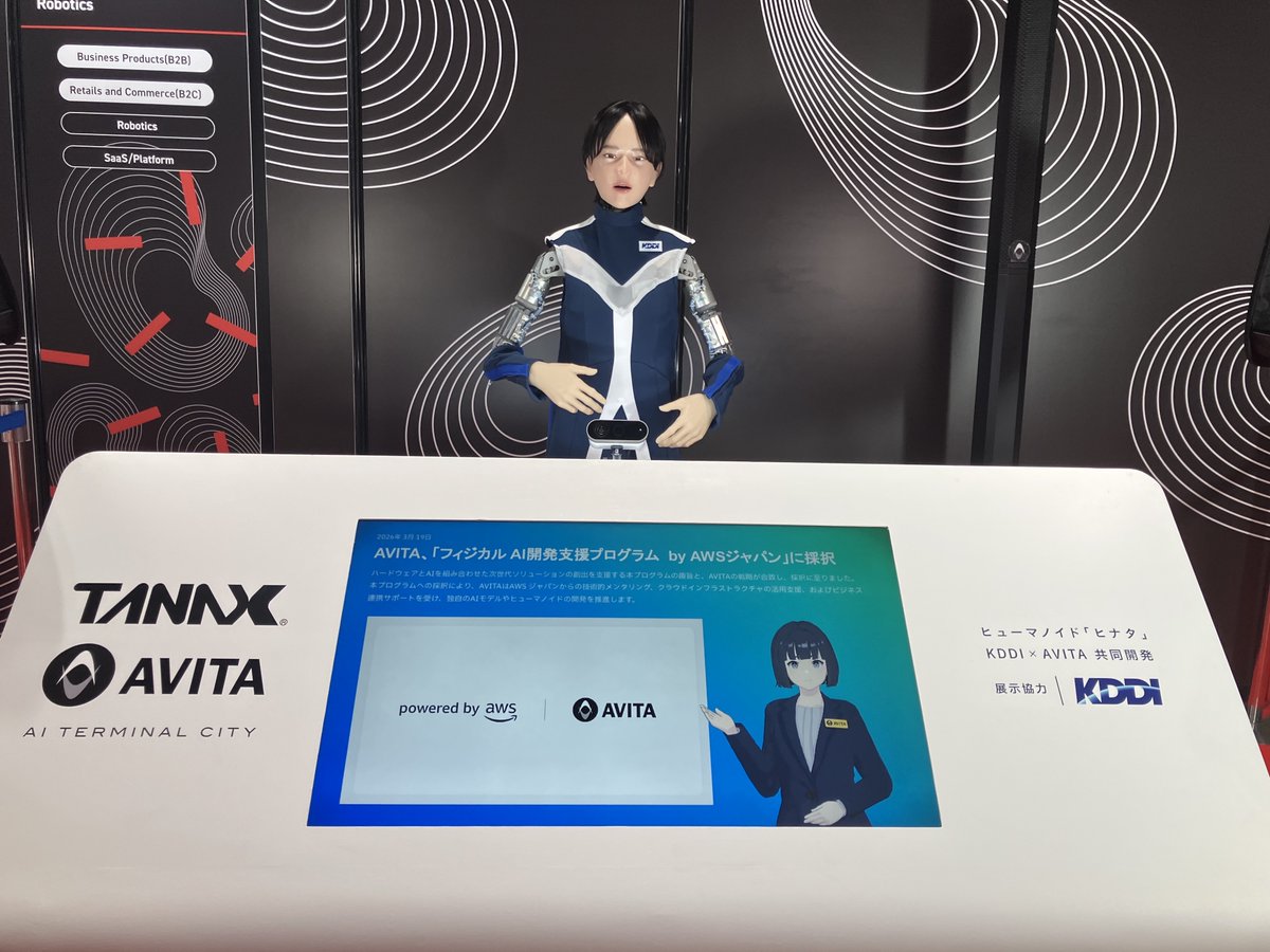SusHiTech_SUJP's tweet photo. 📷【#STT2026 デモ・展示紹介】

Focus on の4つの注力領域の中で「Robotics」のデモ・展示を紹介！

🏢企業名：AVITA株式会社
📍展示場所：4階 WEST 3 A-142

接客活用コンセプトモデルのヒューマノイドを展示。
日本人に近い体格とシリコン皮膚が生み出す温かみある外見で、視覚・動作データをもとに自律動作し来場者との自然なコミュニケーションを実現！

詳細はこちら🔗
https://t.co/KPXsAEpLzw

#AVITA #Robotics #スタートアップ #イノベーション
