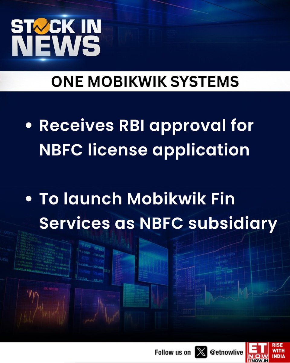 ETNOWlive's tweet image. #StocksInNews | One MobiKwik Systems receives RBI approval for NBFC license application

@MobiKwik @RBI #NBFC #StockMarket